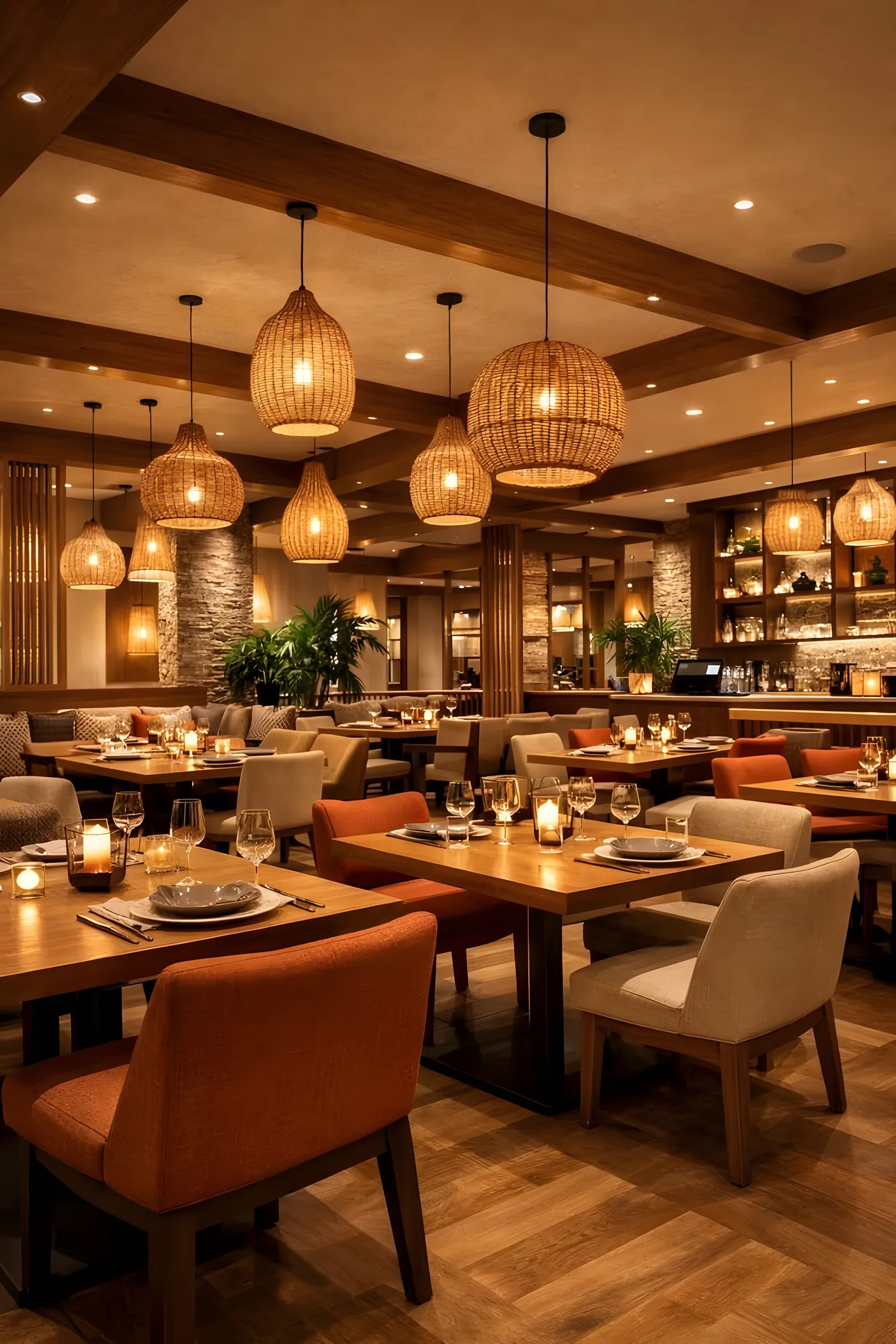 La salle d'un restaurant, calme et éclairée, après le service