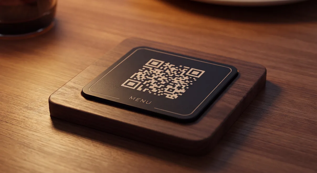 Support QR code carré en noyer, gravé, posé sur une table en bois