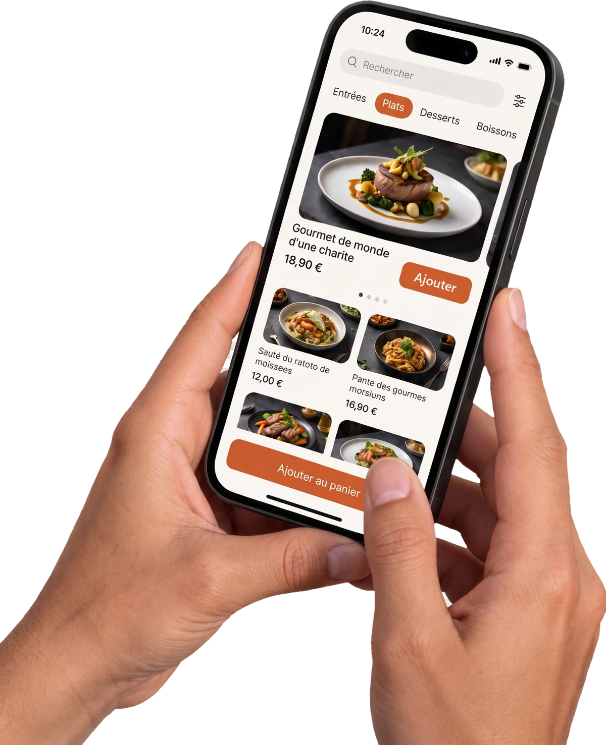 La carte digitale Vizion sur un téléphone tenu à deux mains : plats, prix et bouton « Ajouter »
